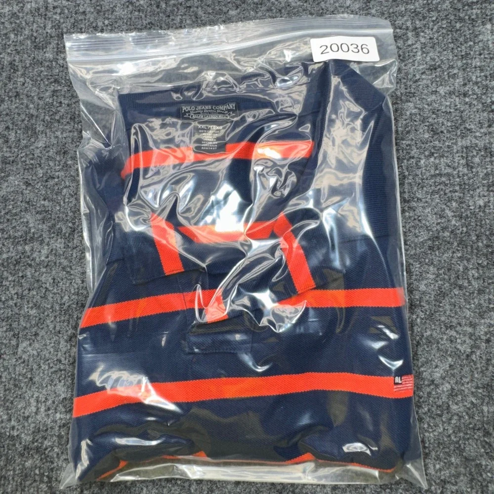Vintage Polo Jeans Company Shirt Mens 2XL Blue Striped Pique USA Flag Logo 90s